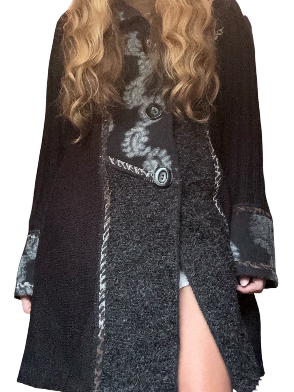 Tivoli of Ireland Floral Black Longline Wool Blend Cardigan Small Artsy Boho